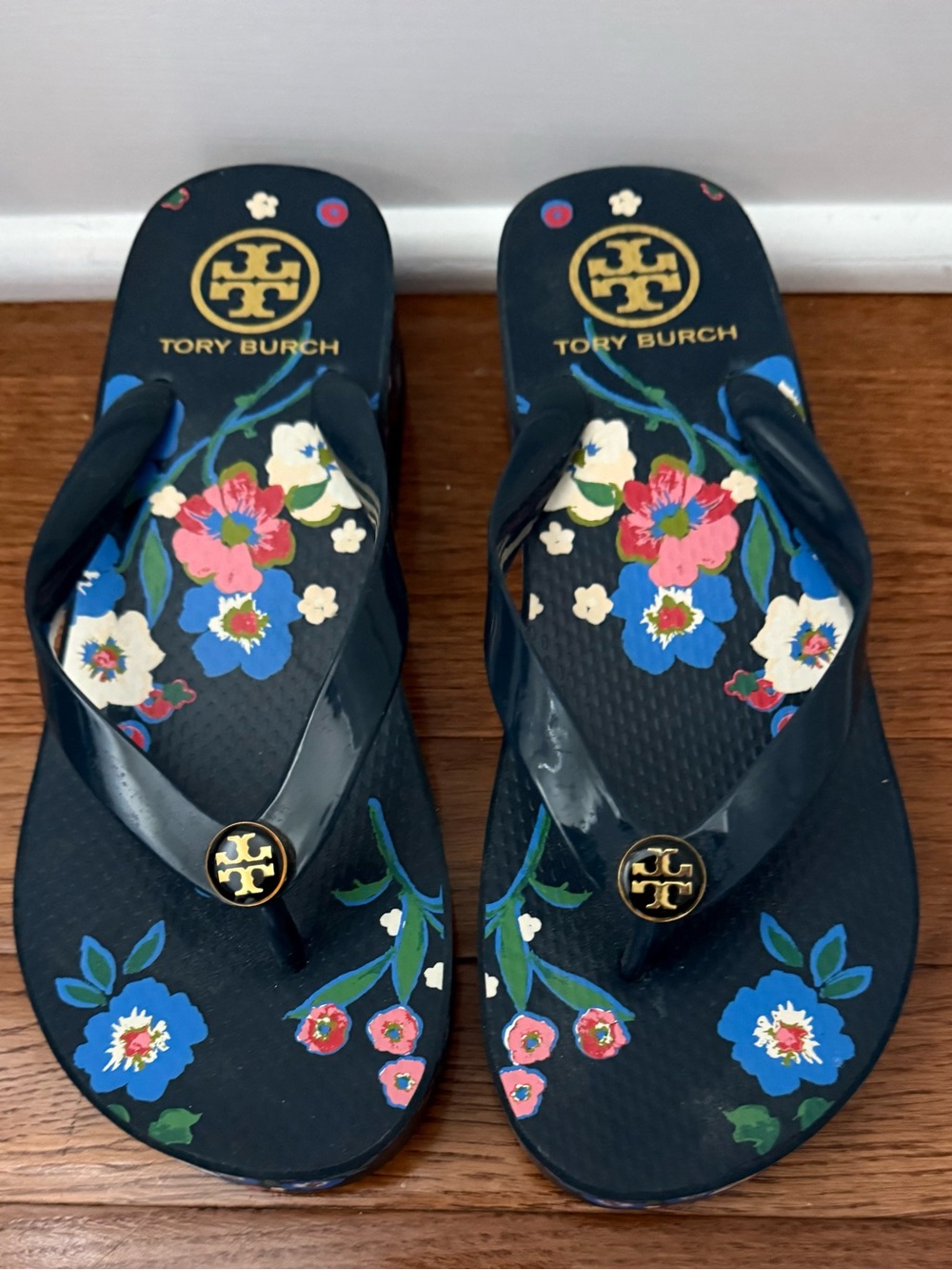 Tory Burch wedge Navy Floral Logo Flip Flops